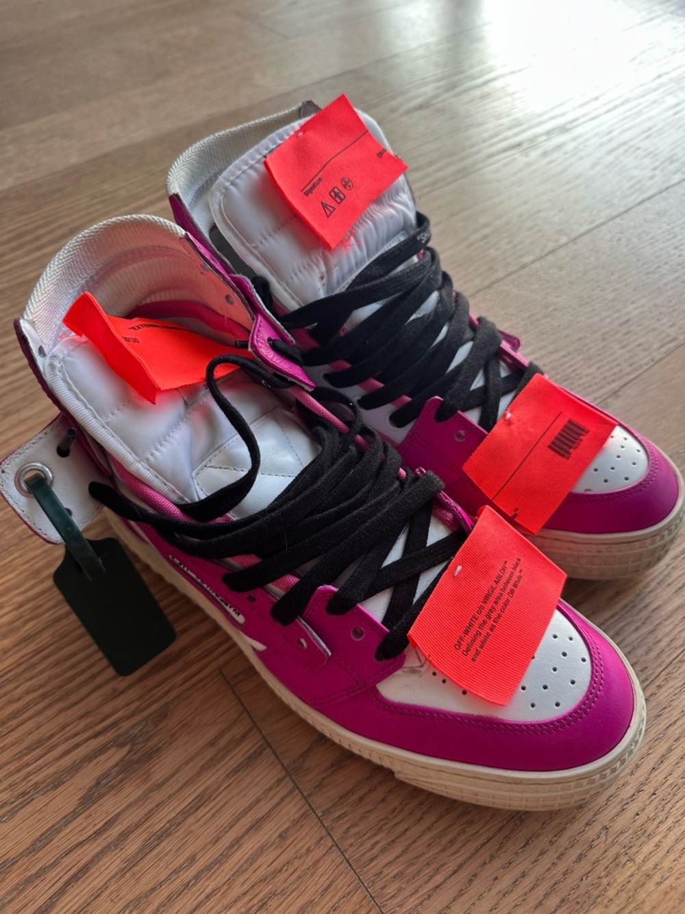 Off-White Women’s Fuchsia and White High-Top Sneakers with Black Laces
